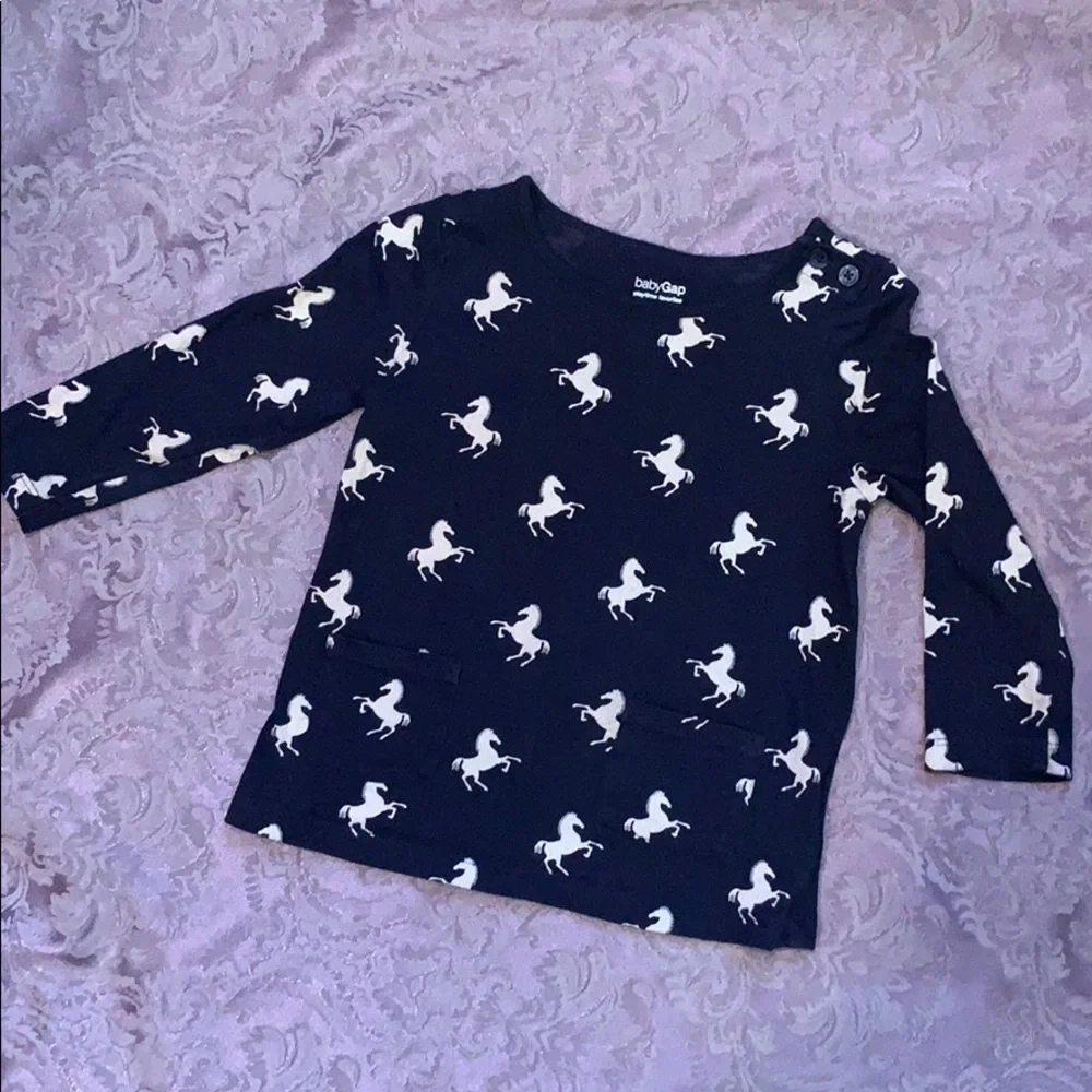 Baby Gap Horse Print Shirt Button Neck Long Sleeve Pockets Tee 100% Cotton